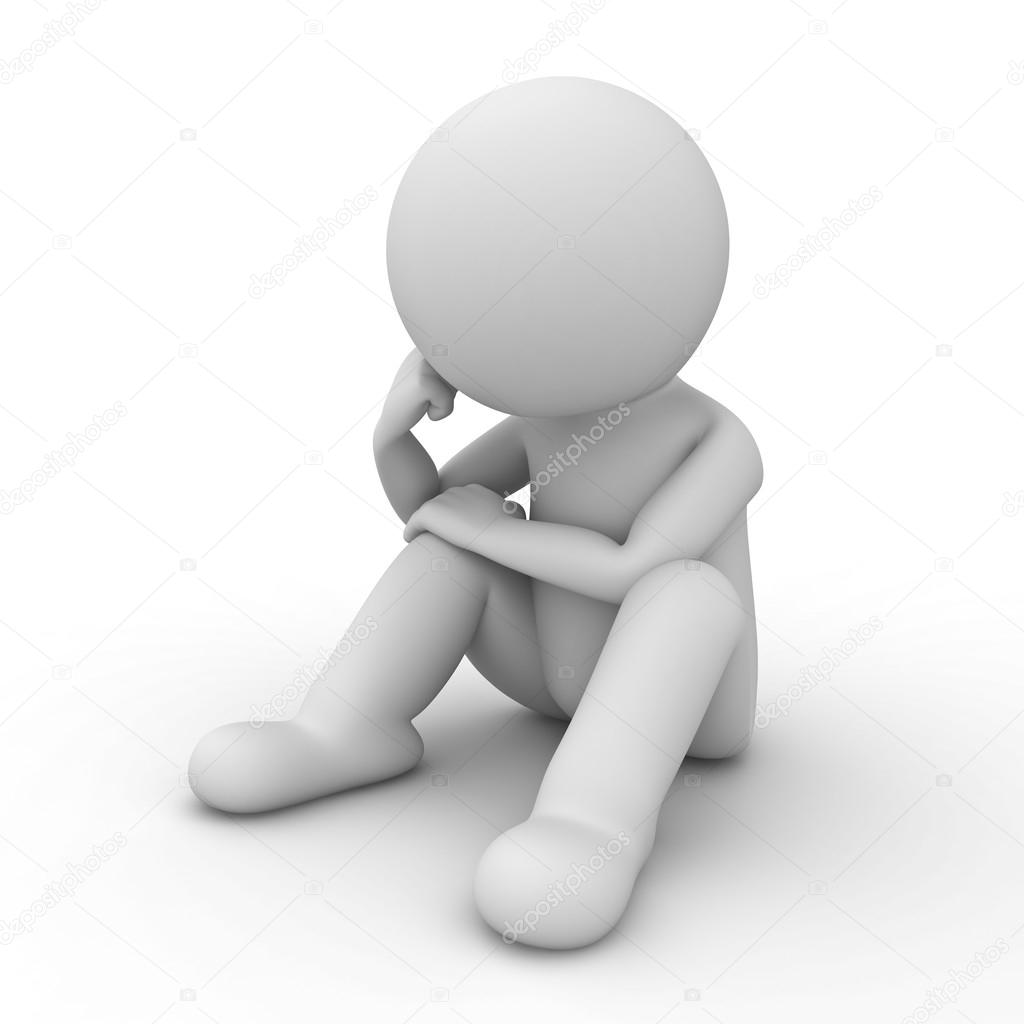 Worried 3d man sitting and thinking over white