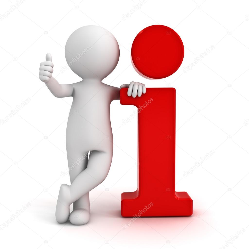 3d man leaning on red information icon and showing thumbs up hand gesture