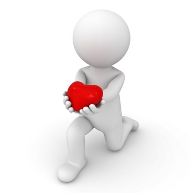 almak için diz üstü ve kalp üzerinde beyaz veren 3d adam