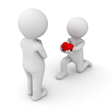 3d adam almak için diz üstü ve kalp onun sevgilisine veriyor