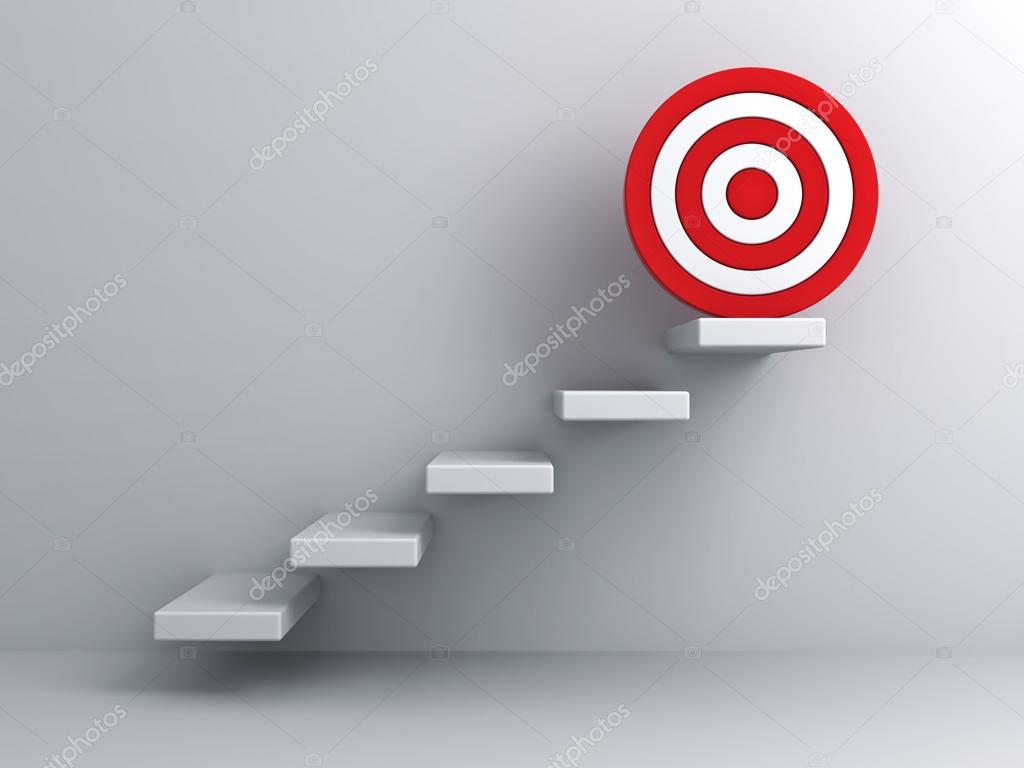 Steps with goal target business concept over white wall Stock Photo by