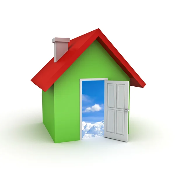 3D простая модель дома с открытой дверью к небу на белом фоне — стоковое фото