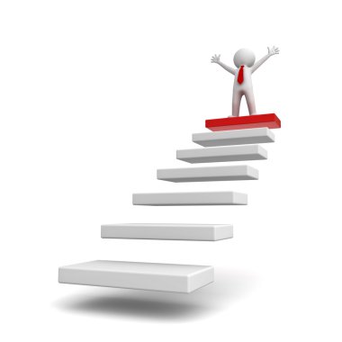 Success concept, 3d business man standing with arms wide open on top of steps