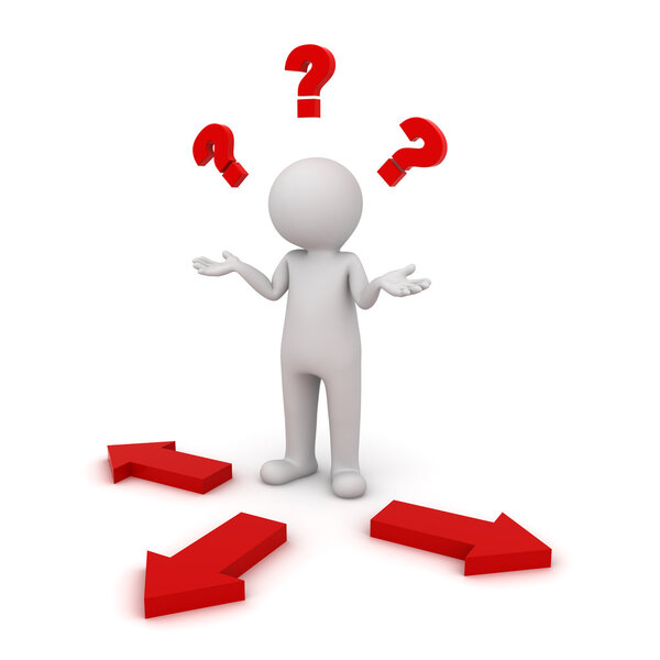 3d man thinking and confusing with three red arrows showing three different directions
