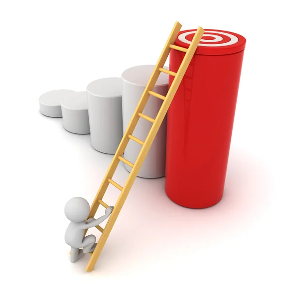 3d man climbing ladder to the goal target on the top of red cylinder graph isolated over white — Stock Photo, Image