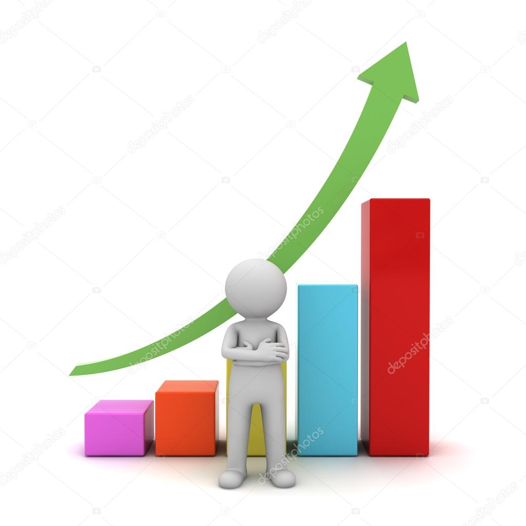 Successful business concept 3d man standing with arms crossed in front of growth business graph isolated over white