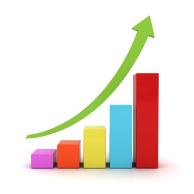 iş grafiği grafik üzerinde beyaz izole yükselen yeşil bir ok ile