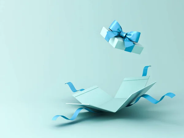 蓝色礼品盒打开或空白礼品盒 蓝色缎带 背景浅蓝色 阴影最小3D渲染 — 图库照片
