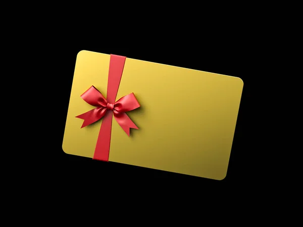 Business Gold Gift Card Red Ribbon Bow Isolated Black Background — Stock Photo, Image