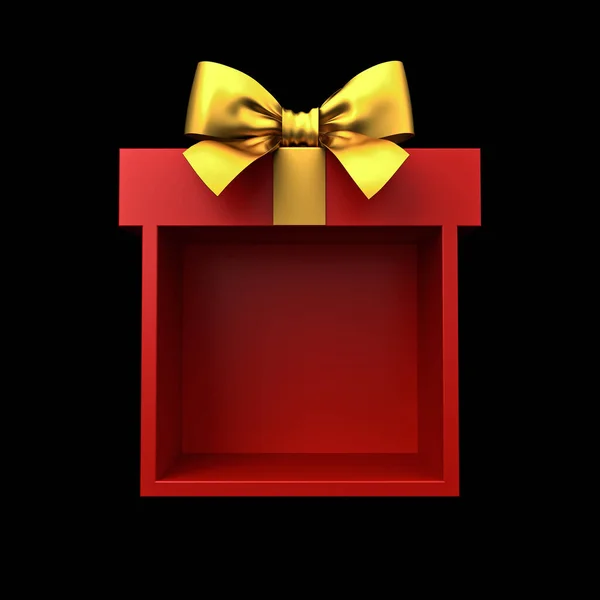 展览馆展览馆或空白红色礼品盒 带有金色缎带弓 与黑色背景隔离 概念上最小3D渲染 — 图库照片