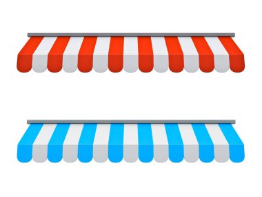 A set of red and blue striped awnings market shop concepts isolated on white background 3D rendering