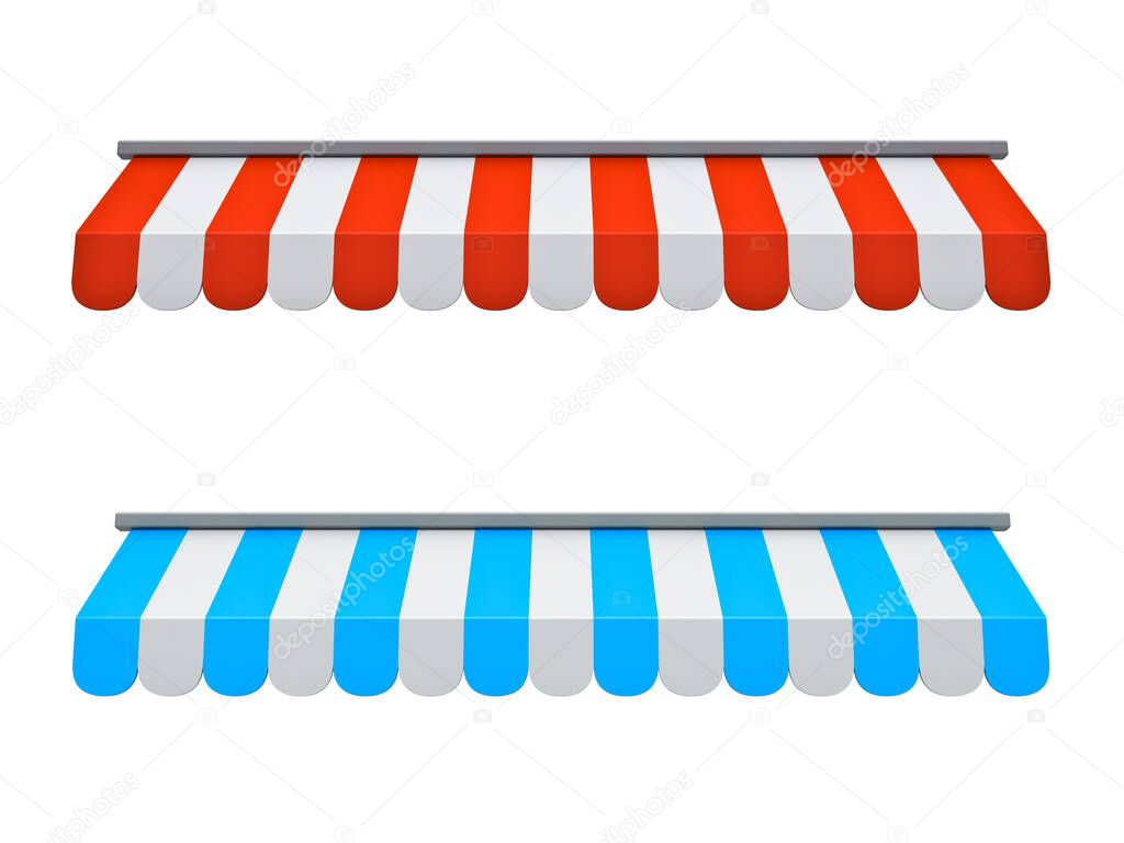 A set of red and blue striped awnings market shop concepts isolated on white background 3D rendering