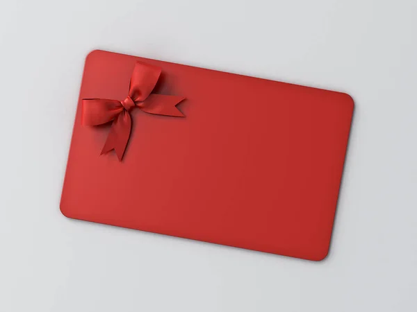 シャドウ最小概念的な3Dレンダリングとグレーの背景に隔離された赤いリボン弓と空白の赤いギフトカード — ストック写真