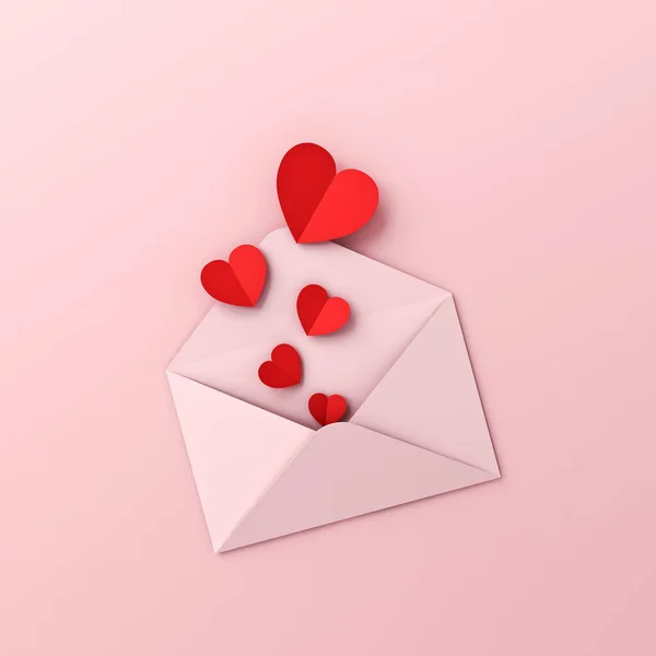 Valentijnsdag Concept Rode Origami Harten Komen Uit Roze Envelop Geïsoleerd — Stockfoto