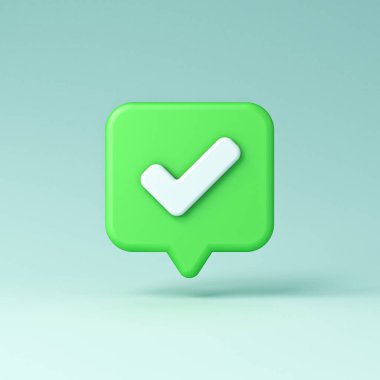 Açık mavi cyan pastel arkaplan üzerinde izole edilmiş yeşil konuşma kabarcığı pimi üzerindeki 3d işaretleme simgesi