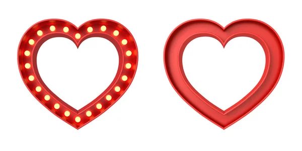 Herzschild Rahmen Mit Gelben Retro Glühbirnen Und Leerem Roten Herzrahmen — Stockfoto