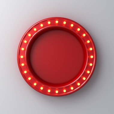 Beyaz duvar zemininde izole edilmiş sarı ampullü kırmızı yuvarlak tabela, 3D gölgeli.