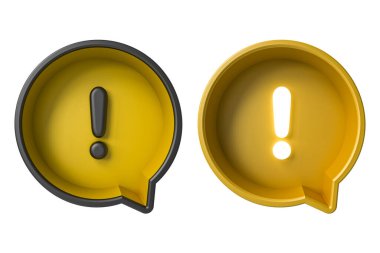 Beyaz arkaplanda izole edilmiş sarı yuvarlak sosyal medya bildirim konuşma baloncuğu pimi üzerindeki ünlem işareti