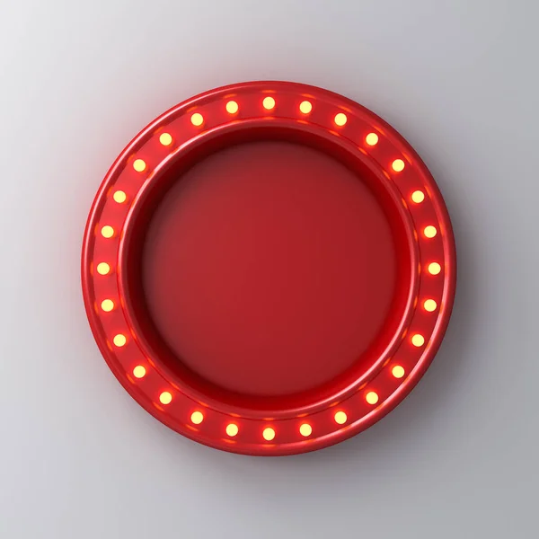 Retro red round sign neon billboard with yellow light bulbs isolated on white wall background with shadow 3D rendering