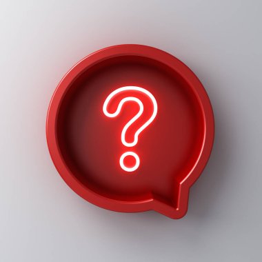 Kırmızı yuvarlak konuşma baloncuğu kutusundaki neon ışığı soru işareti simgesi beyaz duvar arkaplanında izole edilmiş ve gölgesi 3D biçimlendirilmiş