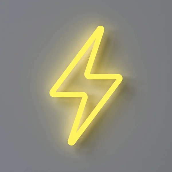 Yellow neon thunder or lightning isolated on dark white wall background with shadow 3D rendering