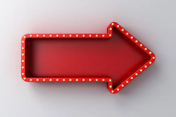 Blank red arrow sign board with retro yellow neon light bulbs isolated on white wall background with shadow idea concept 3D rendering