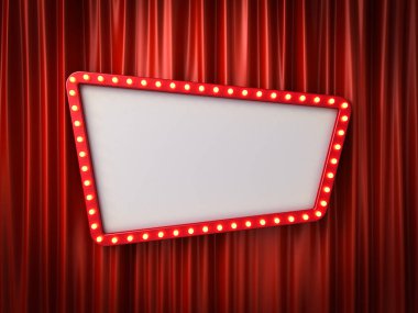 Kırmızı perde zemininde parlayan sarı neon ampulleri ve loş ışık gölgesi 3D görüntüsü olan Retro reklam panosu veya boş parlak tabela