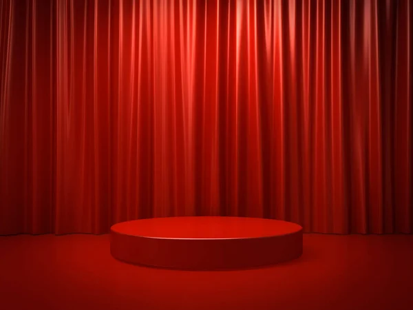 Red Podium Empty Pedestal Platform Red Curtain Background Dim Spotlight — Stockfoto