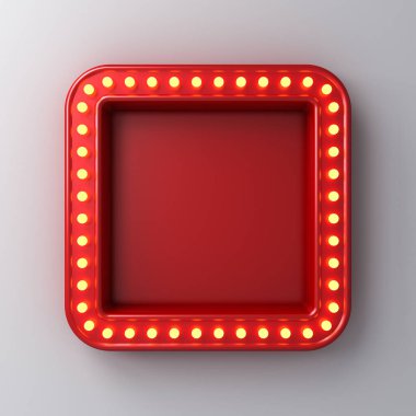 Beyaz gri duvar zemininde izole edilmiş sarı ampullü kırmızı kare neon tabela.