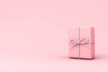 En az pembe pastel renk hediye kutusu ya da açık pembe zemin üzerinde izole edilmiş beyaz ip kurdele yayı gölge minimalist kavramsal 3D görüntüleme