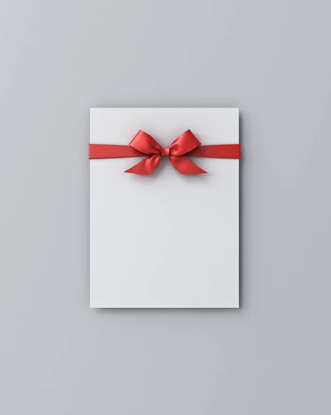 Чистая Белая Бумага Красным Бантом Ленты Подарочный Сертификат Изолированы Сером — стоковое фото