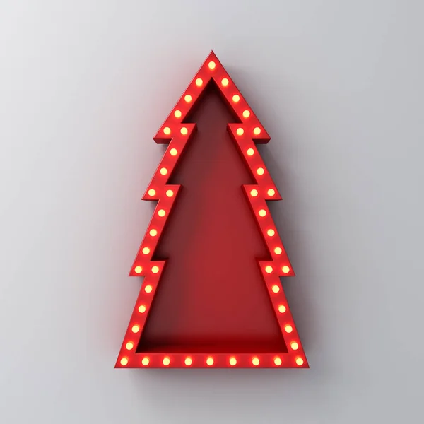 Piros Karácsonyfa Tábla Doboz Retro Izzó Sárga Neon Izzók Elszigetelt — Stock Fotó