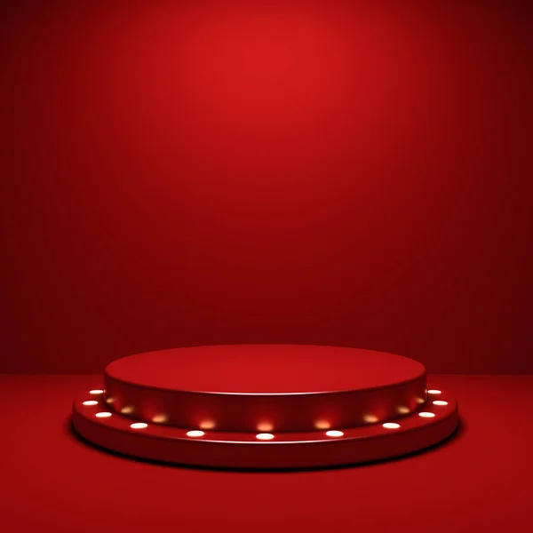 Piedistallo Rosso Palcoscenico Vuoto Con Lampadine Neon Giallo Retrò Piattaforma — Foto Stock