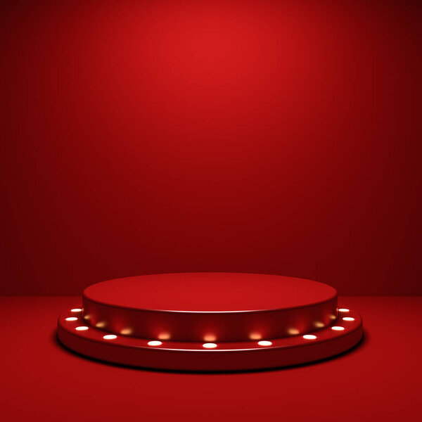 Blank red stage podium pedestal with retro yellow neon spotlight bulbs or blank product display stand platform isolated on red background with shadow minimal conceptual 3D rendering