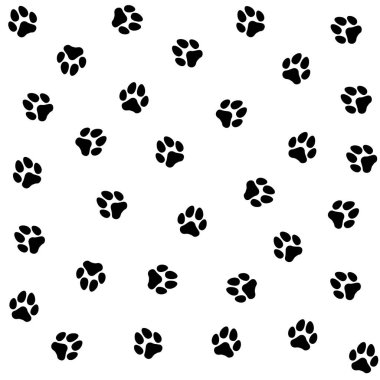 Pattern in black and white with dog paws. Silhouette of black dog paws. The print is suitable for clothing, children's clothing, bedding, icons, stickers.