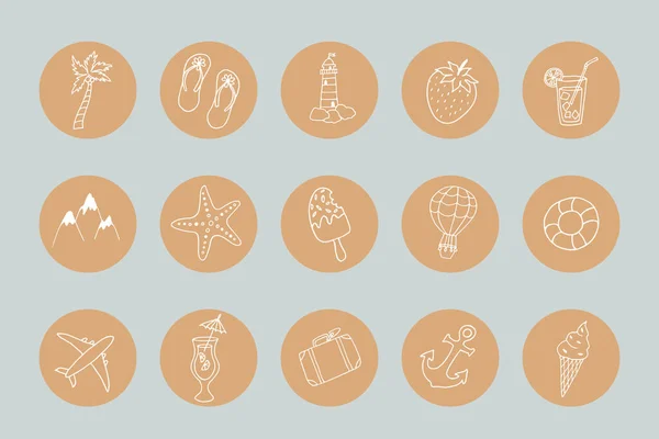 Collection of summer holiday icons. Travel, tourism, leisure theme. Includes symbols such as palm tree, lighthouse, mountains, ice cream, anchor, suitcase, cocktails, airplane, balloon, starfish.
