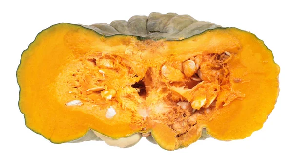 Pomerančový Zralé Čerstvé Dýně Řez Polovině Uvnitř Podélné Části Izolované — Stock fotografie