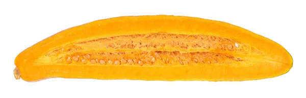 Πορτοκαλί Ώριμη Φρέσκια Κολοκύθα Σχήμα Μπανάνας Κομμένη Στη Μέση Στο — Φωτογραφία Αρχείου