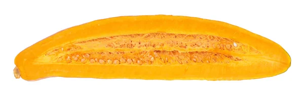 Oranje Rijpe Verse Bananenvormige Pompoen Helft Gesneden Binnenkant Longitudinale Sectie Stockfoto