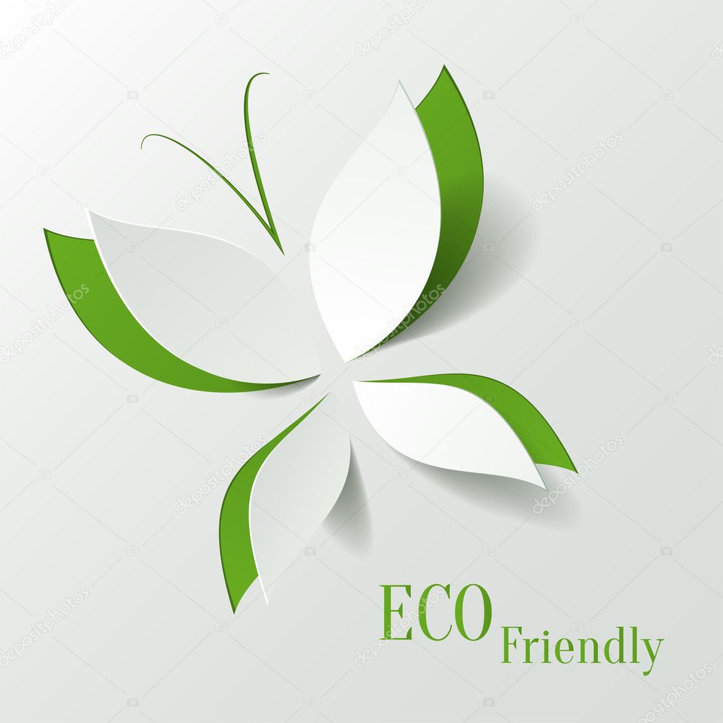 Eco concept - green butterfly cut the paper like leaves - abstract background