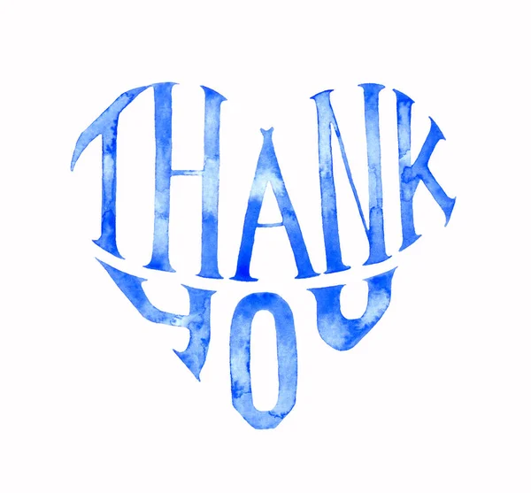 Aquarela Obrigado Lettering Forma Coração Isolado Fundo Branco Azul Mão — Fotografia de Stock