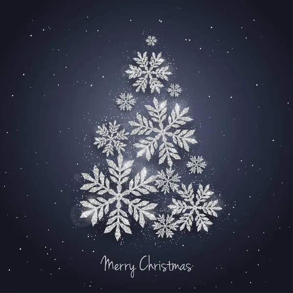 圣诞祝福卡上闪烁着闪闪发光的银质雪花 令圣诞树焕然一新 季节性假日背景 — 图库矢量图片