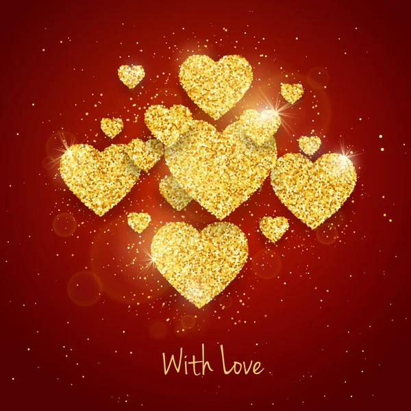 Vector Happy Valentines Day Greeting Card Sparkling Glitter Gold Textured — Stock Vector