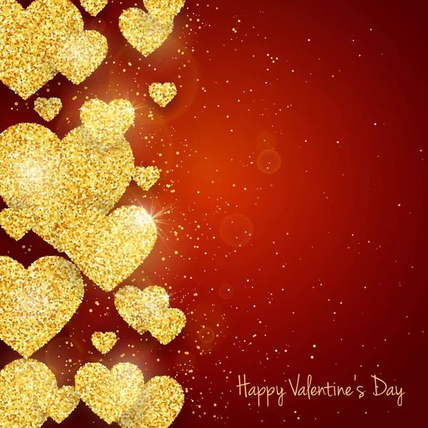 Vector Glückwunschkarte Zum Valentinstag Mit Glitzernden Goldenen Herzen Auf Rotem — Stockvektor