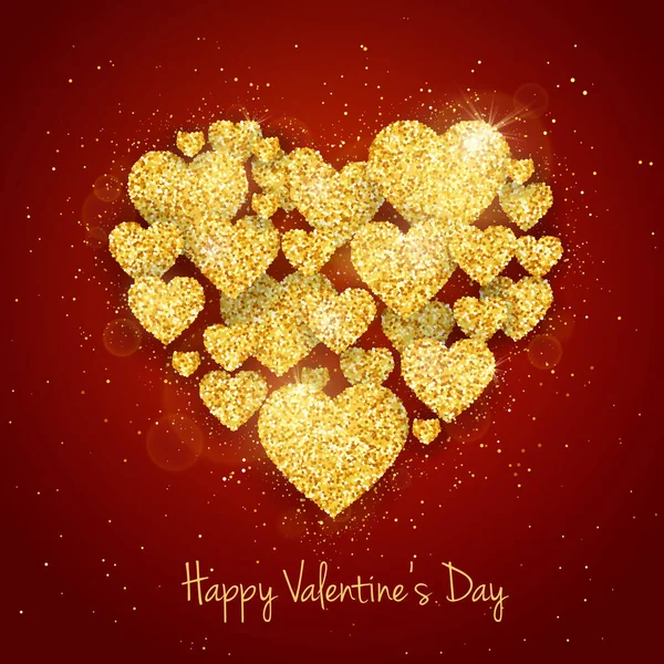 ベクトルハッピーバレンタインデーグリーティングカード輝く輝きゴールド質感の心の赤の背景にハート形 — ストックベクタ