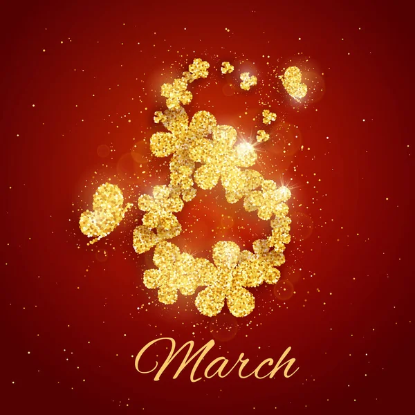 Vector Happy Womens Day Ευχετήρια Κάρτα Αφρώδη Glitter Λουλούδι Χρυσό — Διανυσματικό Αρχείο