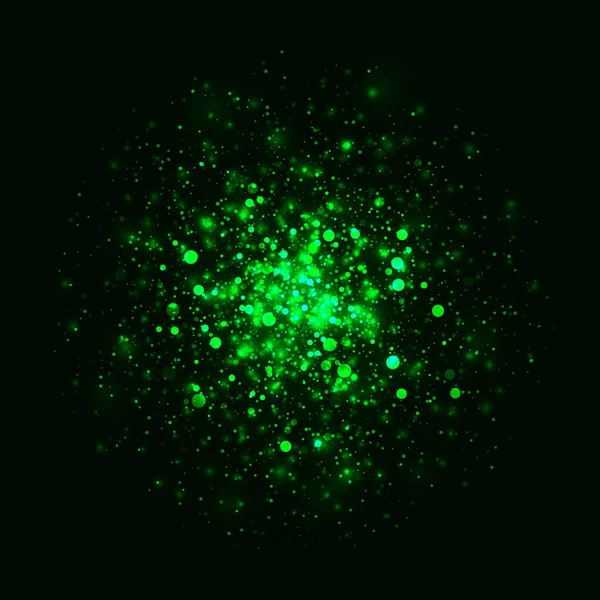 矢量绿光闪耀抽象的背景 魔法能量发光效果 星星之火在黑色背景上闪耀 — 图库矢量图片