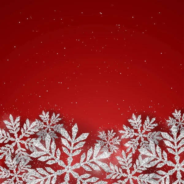 Вектор Різдвяна Новорічна Вітальна Листівка Блискучою Срібною Текстурою Сніжинки Червоному — стоковий вектор