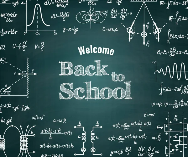 Vector Physical Back School Green Chalkboard Background Different Signs Figures — Stock Vector