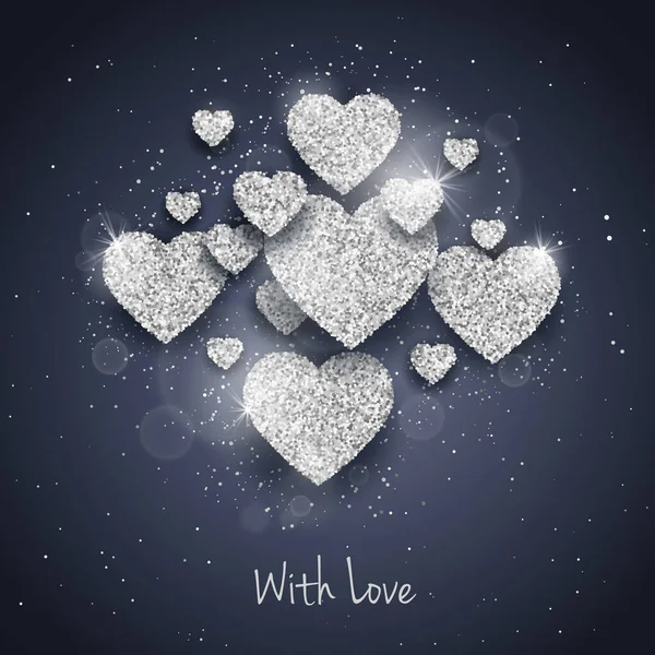 Vector Mutlu Sevgililer Günü Tebrik Kartı Parlak Gümüşi Dokulu Kalpleri — Stok Vektör